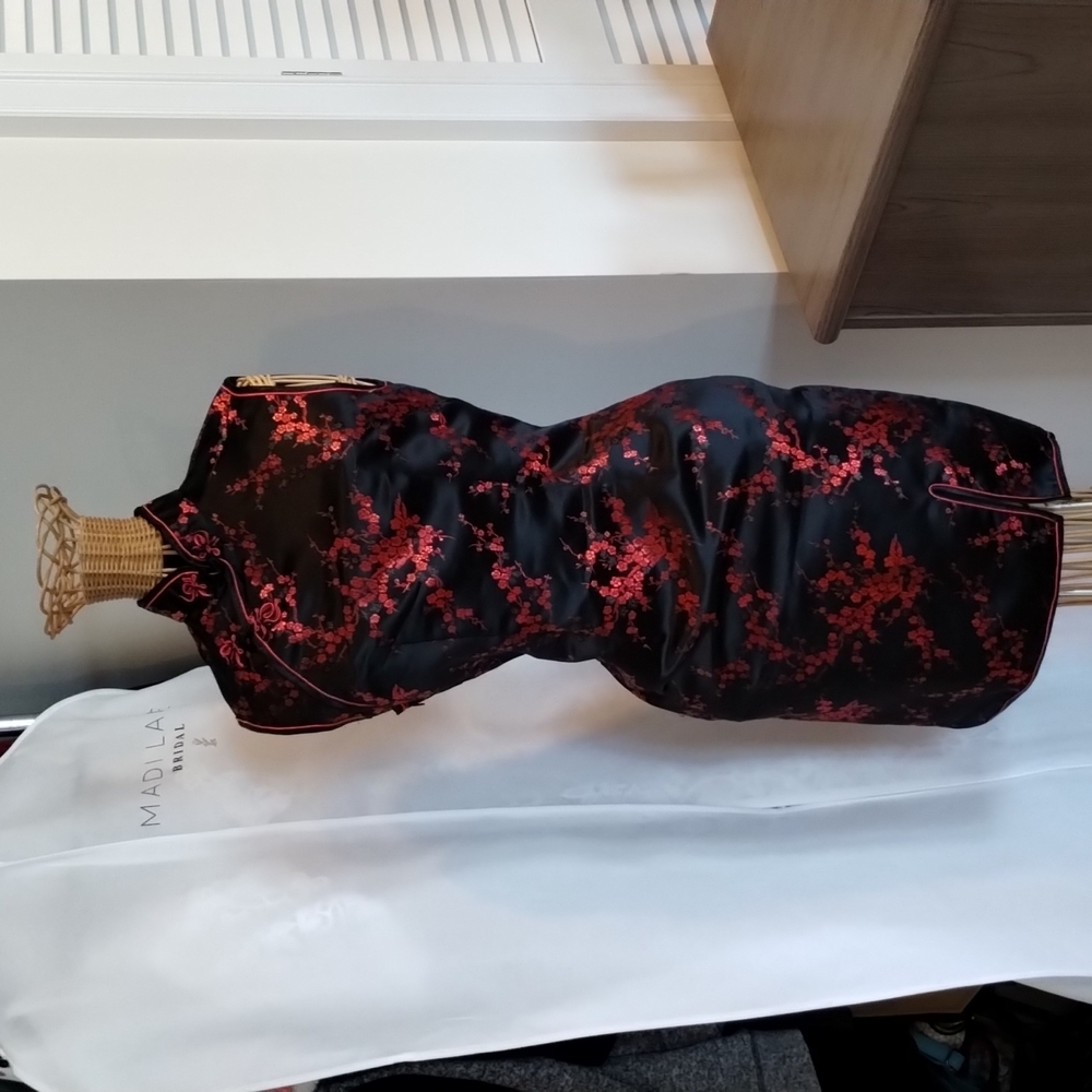 Asian-Inspired Silky Black Dress with red embroidered floral detail